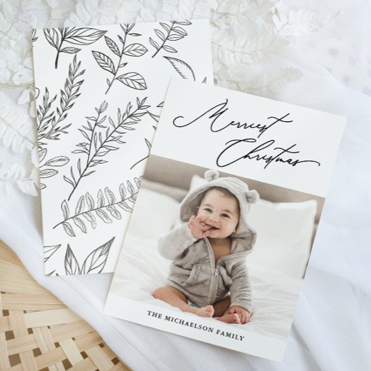 ボタニカルブラック&ホワイトメリースクリスマス写真 シーズンカード