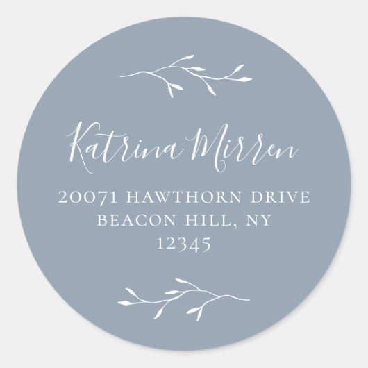 ボタニカルブランチほこりっぽいブルー差出人住所ステッカー ラウンドシール (正面)
