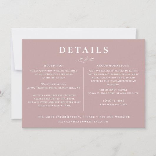 ボタニカルブランチほこりっぽいマウヴバラ結婚ズ詳細 招待状 (正面)