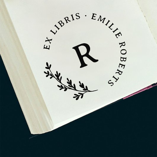 ボタニカルブランチイニシャルラウンド名Ex Libris ラバースタンプ