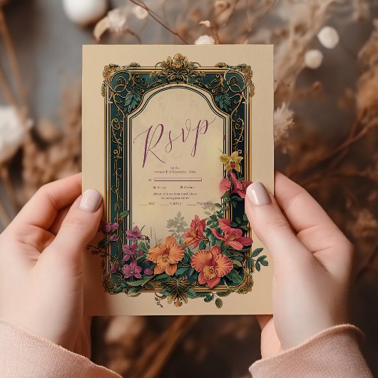 ボタニカルブリスワイルドフラワーアールヌーボー結婚ズ 出欠カード