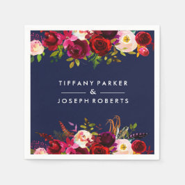 ボタニカルブルガンディネイビーブルーガーデン結婚フローラ スタンダードカクテルナプキン