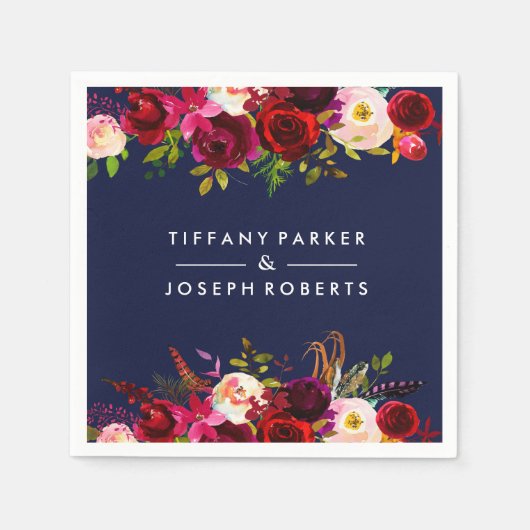ボタニカルブルガンディネイビーブルーガーデン結婚フローラ スタンダードカクテルナプキン (正面)