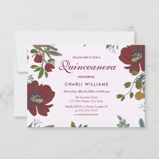 ボタニカルブルガンディフラワーキンセアニェラパーティー招待状 招待状 (正面)