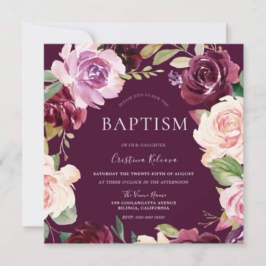 ボタニカルブルゴーニュ赤面ウォーター色ベビーバプテスマ 招待状 (正面)