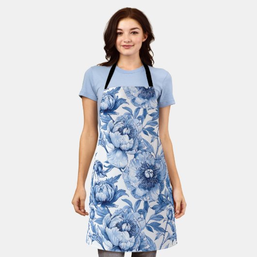 ボタニカルブルーフローラアールヌーボー磁器花 エプロン (着用した状態)