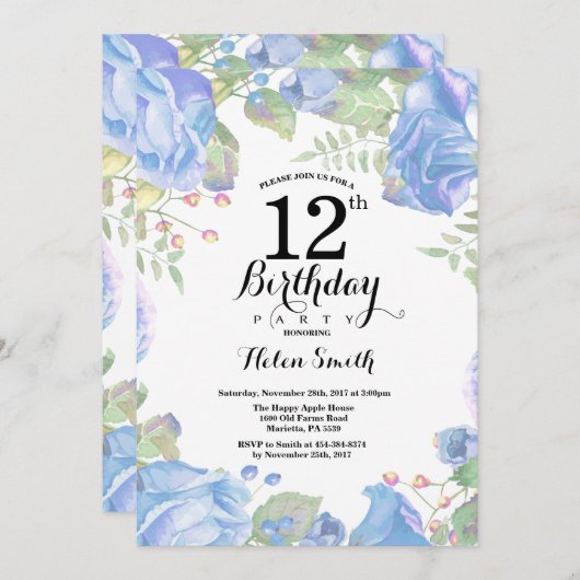 ボタニカルブルーフローラ12番目の誕生日招待状 招待状 (正面/裏面)
