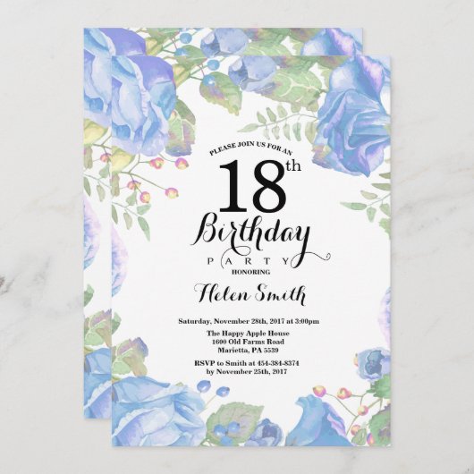 ボタニカルブルーフローラ18th誕生日招待状 招待状 (正面/裏面)