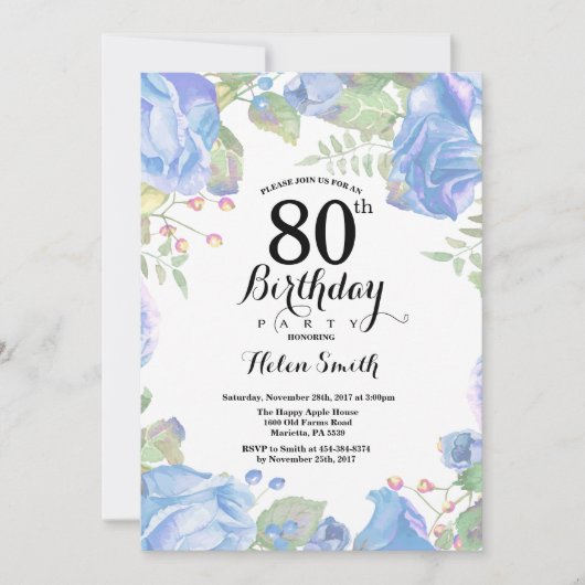 ボタニカルブルーフローラ80th誕生日招待状 招待状 (正面)