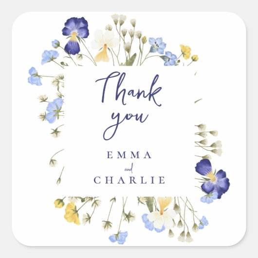 ボタニカルブルーボホワイルドフラワー素朴ズ結婚ズ スクエアシール (正面)