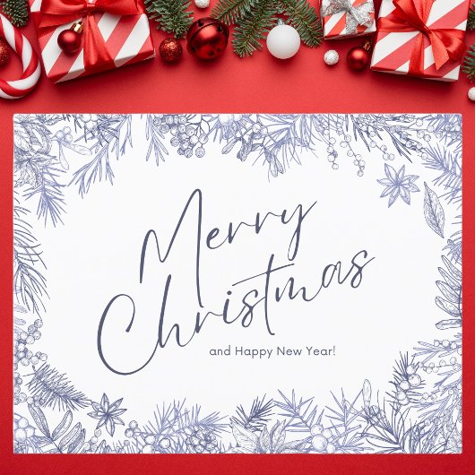 ボタニカルブルーメリークリスマスイラストレーション ポストカード