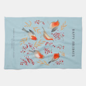 ボタニカルブルーレッドバーズロビンクリスマスホリデー キッチンタオル (横)