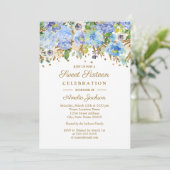 ボタニカルブルー金ゴールドフローラSweet sixteen誕生日 招待状 (スタンド正面)