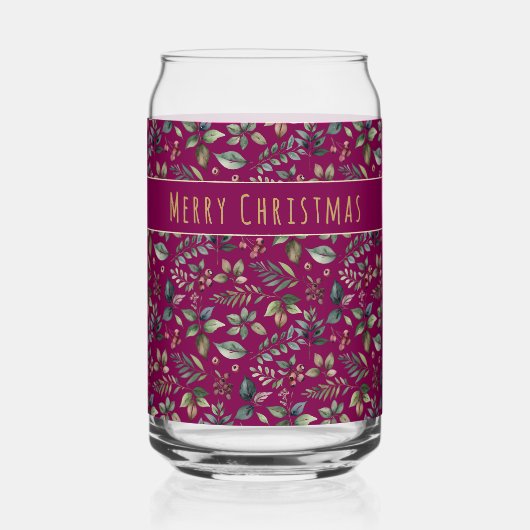 ボタニカルプリントクリスマス深いレッドパーソナライズされた ガラス缶 (正面)