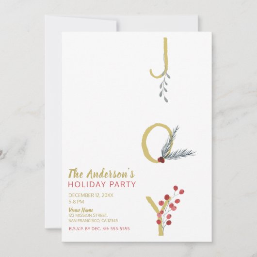 ボタニカルホリデージョイ素朴金ゴールドミニマルパーティー 招待状 (正面)
