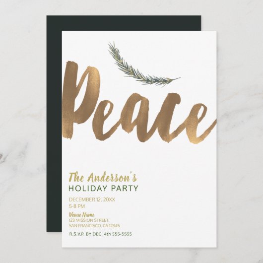 ボタニカルホリデーピースブランチパイン素朴金ゴールド 招待状 (正面/裏面)