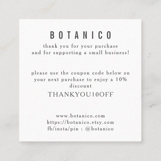 ボタニカルホワイトグレーフローラモダンありがとう スクエア名刺 (裏面)