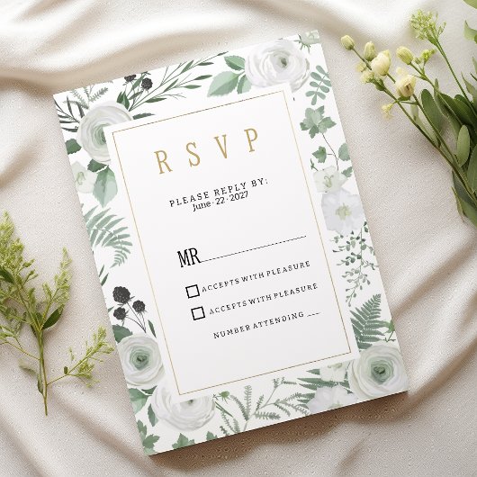 ボタニカルホワイトミントベリーの花のRSVP 招待状