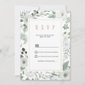 ボタニカルホワイトミントベリーの花のRSVP 招待状 (正面)
