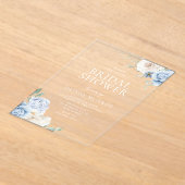 ボタニカルホワイト&ブルーフローラブライダルシャワー アクリル招待状 (レイダウン)