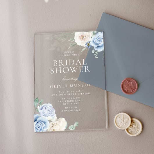 ボタニカルホワイト&ブルーフローラブライダルシャワー アクリル招待状