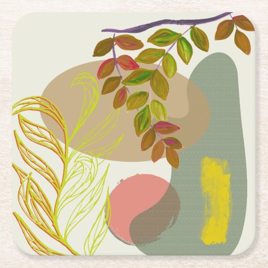 ボタニカルボホイエローグリーン スクエアペーパーコースター (正面)
