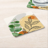 ボタニカルボホグリーンオレンジ スクエアペーパーコースター (アングル)