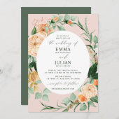ボタニカルボホグリーンリー赤面ピンクフローラ結婚ズ 招待状 (正面/裏面)