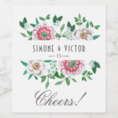 ボタニカルボホグリーン，ピンク&グレー結婚フローラ ワインラベル (シングルラベル)