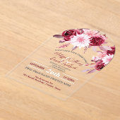 ボタニカルボホシックフラワーズ赤面ブルゴーニュ結婚ーズ アクリル招待状 (レイダウン)