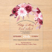 ボタニカルボホシックフラワーズ赤面ブルゴーニュ結婚ーズ アクリル招待状 (正面)