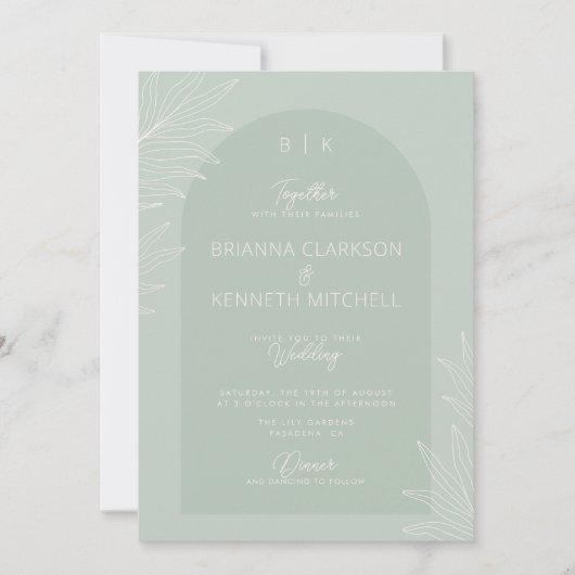 ボタニカルボホセージグリーンとアーチフォト結婚ズ 招待状 (正面)