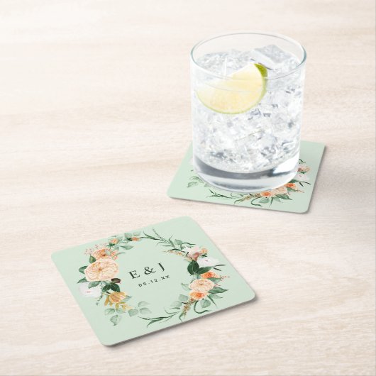 ボタニカルボホフローラグリーンリー結婚モノグラムのSq スクエアペーパーコースター (インサイチュ)