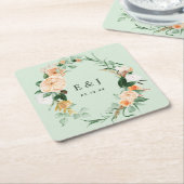 ボタニカルボホフローラグリーンリー結婚モノグラムのSq スクエアペーパーコースター (アングル)
