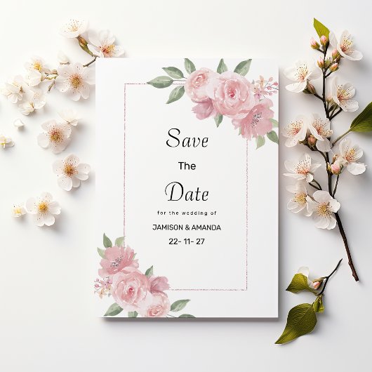 ボタニカルミントの淡いピンクの花柄 結婚式のセイヴ・ザ・デート 招待状