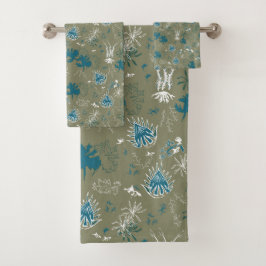 ボタニカルモスプリントインティール（緑がかった色）グリーンとモスグリーン バスタオルセット