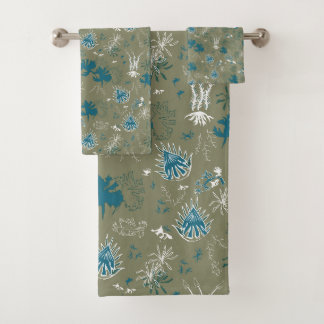 ボタニカルモスプリントインティール(緑がかった色)グリーンとモスグリーン バスタオルセット