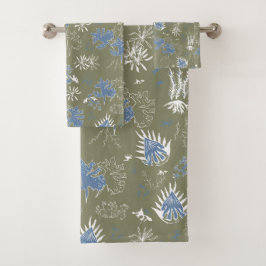ボタニカルモスプリントブルーとグリーン バスタオルセット