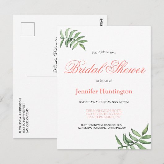 ボタニカルモダンコーラルブライダルシャワー招待 ポストカード (正面/裏面)