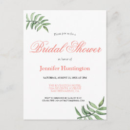 ボタニカルモダンコーラルブライダルシャワー招待 ポストカード
