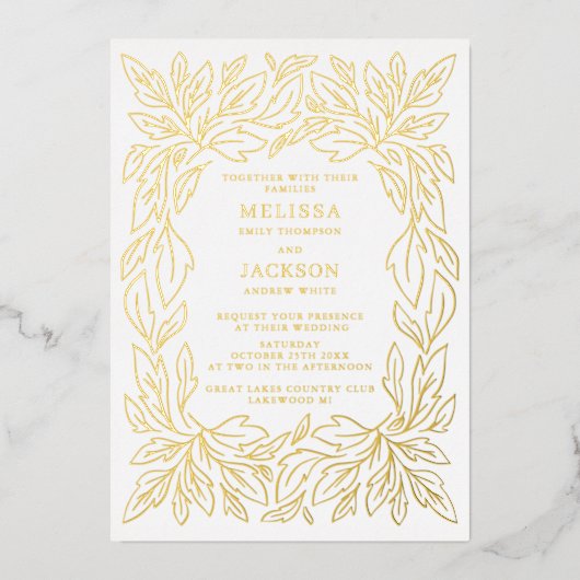 ボタニカルモダンフレームエレガントな結婚式 箔招待状 (正面)