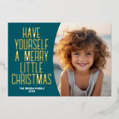 ボタニカルモダンメリークリスマスフォト – ティール(緑がかった色) 箔シーズンカード (正面)