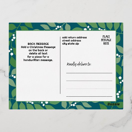 ボタニカルモダンメリークリスマスフォト – ティール(緑がかった色) 箔シーズンポストカード (裏面)