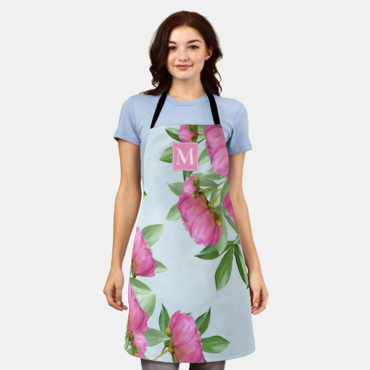 ボタニカルモノグラムかわいらしピンクガーデン牡丹 エプロン (着用した状態)