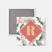 ボタニカルモノグラムのクリスマスホリー マグネット (正面/裏面)