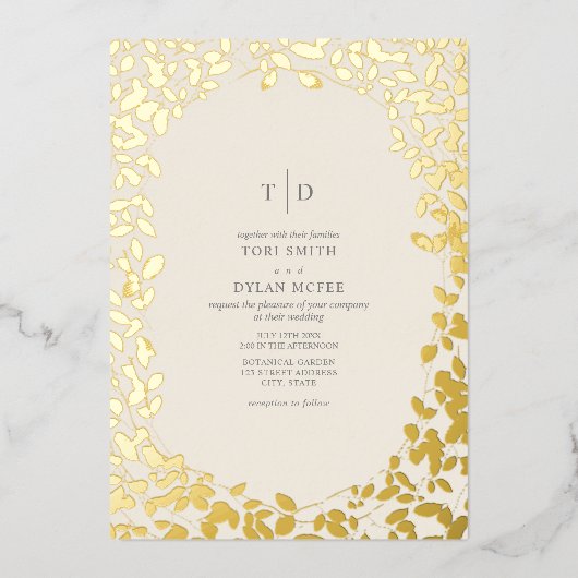 ボタニカルモノグラムイニシャルオフホワイト結婚ズ 箔招待状 (正面)