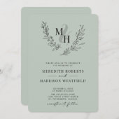 ボタニカルモノグラムリースQRコード結婚セージのInv 招待状 (正面/裏面)