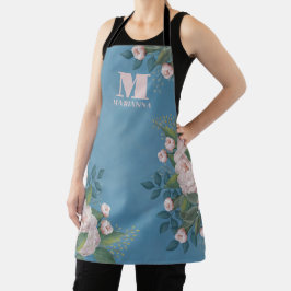 ボタニカルモノグラムヴィンテージピンクローズフローラブルー エプロン