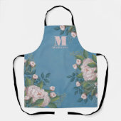 ボタニカルモノグラムヴィンテージピンクローズフローラブルー エプロン (正面)