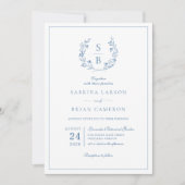 ボタニカルモノグラム王室のリースブルー結婚ズ 招待状 (正面)